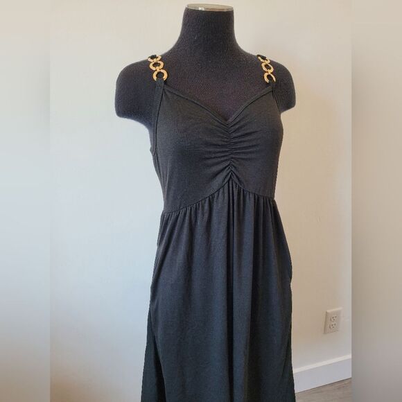 NEW Black Sundress Pockets Gold Chain Sleeveless Summer Beach Vacation Yacht S - Picture 3 of 10